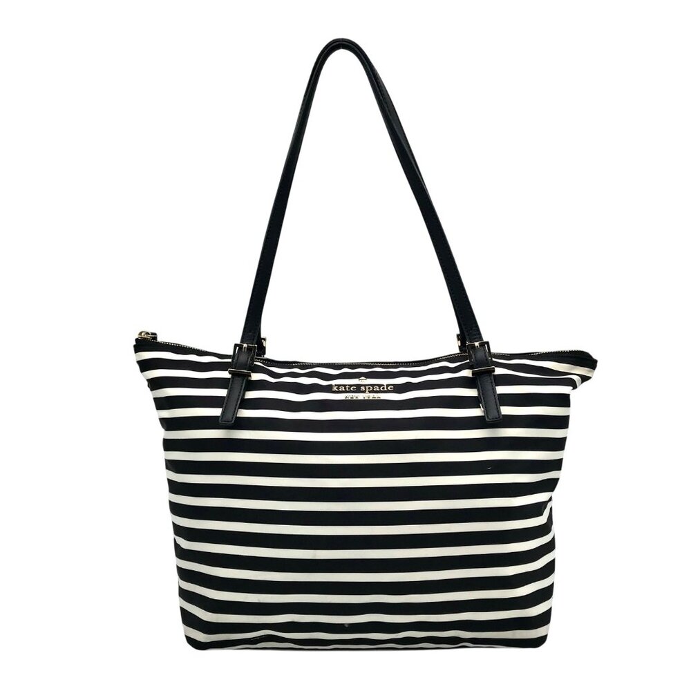 Kate Spade Black & Clotted Cream Striped Nylon Watson Lane Maya Tote Bag